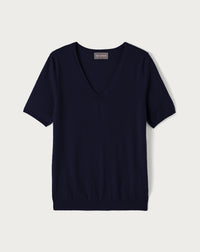Pull V Manches Courtes Ultrafin Contemporain - Marine