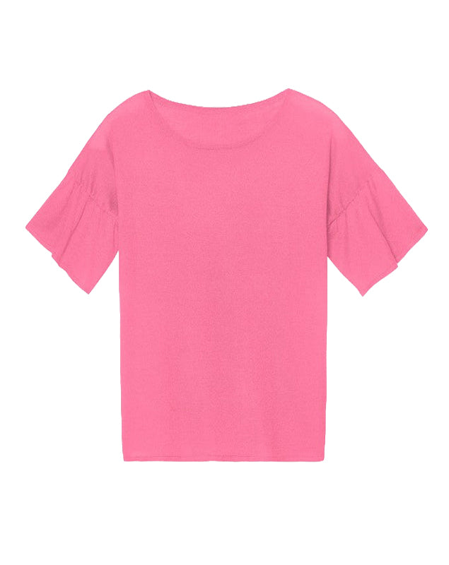 Pull col rond à manches volantes en soie -  Rose Daiquiri