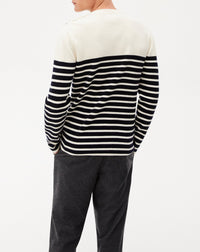 Pull ras de cou rayé à patte de boutonnage en cachemire et laine - Naturel & Marine