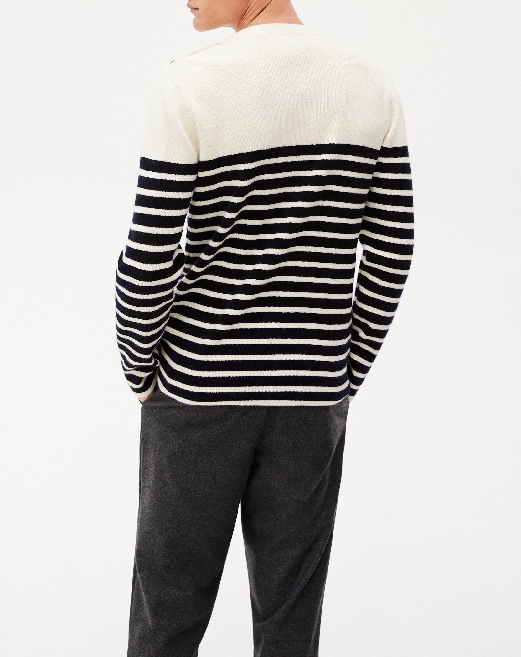 Pull ras de cou rayé à patte de boutonnage en cachemire et laine - Naturel & Marine
