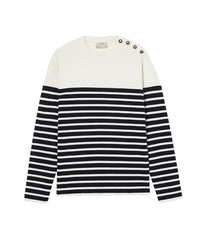 Pull ras de cou rayé à patte de boutonnage en cachemire et laine - Naturel & Marine