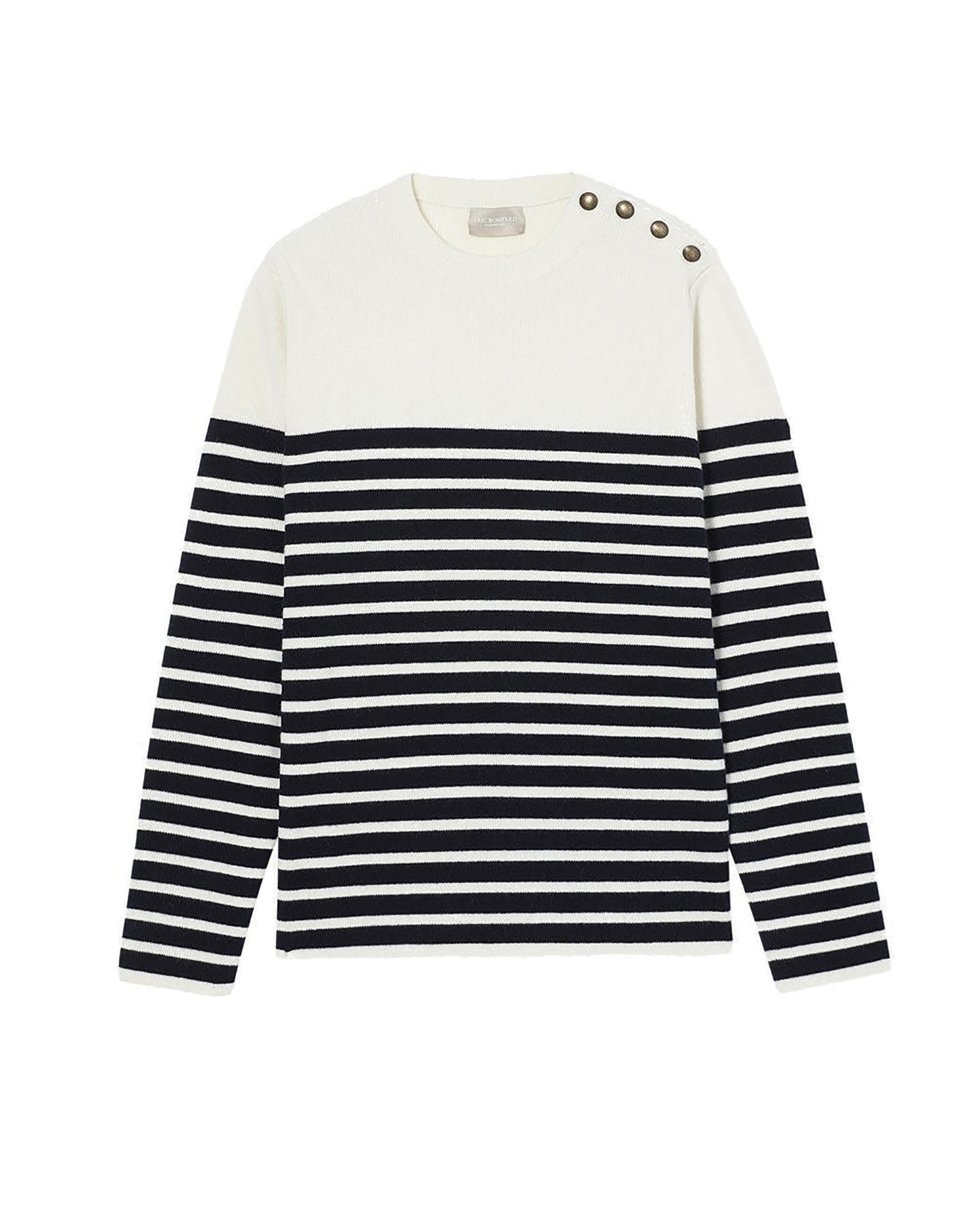 Pull ras de cou rayé à patte de boutonnage en cachemire et laine - Naturel & Marine