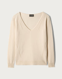 Pull V Ample Col À Même Lignes Pointelle - Cream