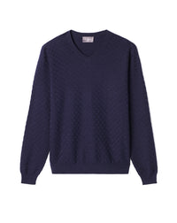 Pull V Ultrafin Damier Texturé - Marine