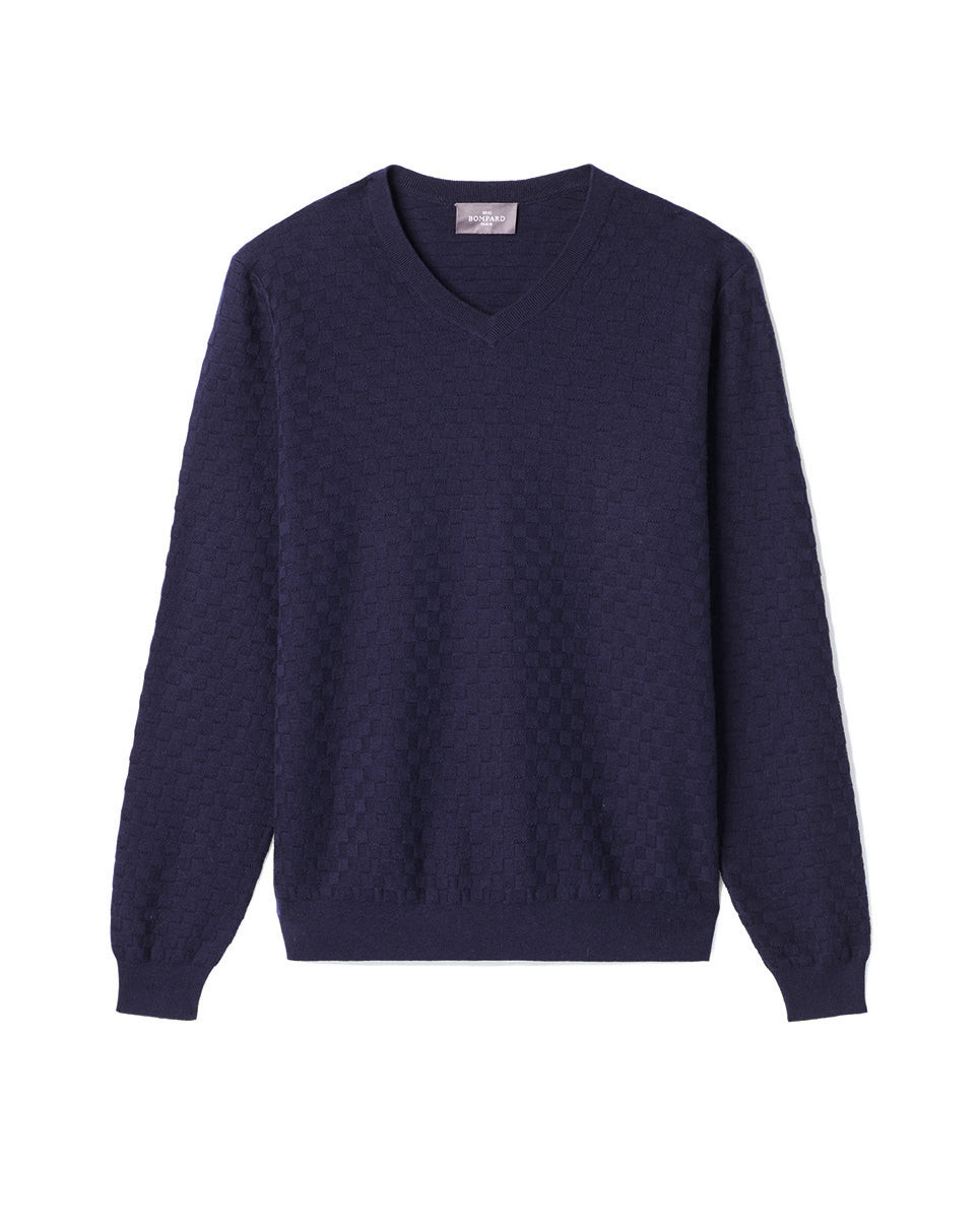 Pull V Ultrafin Damier Texturé - Marine