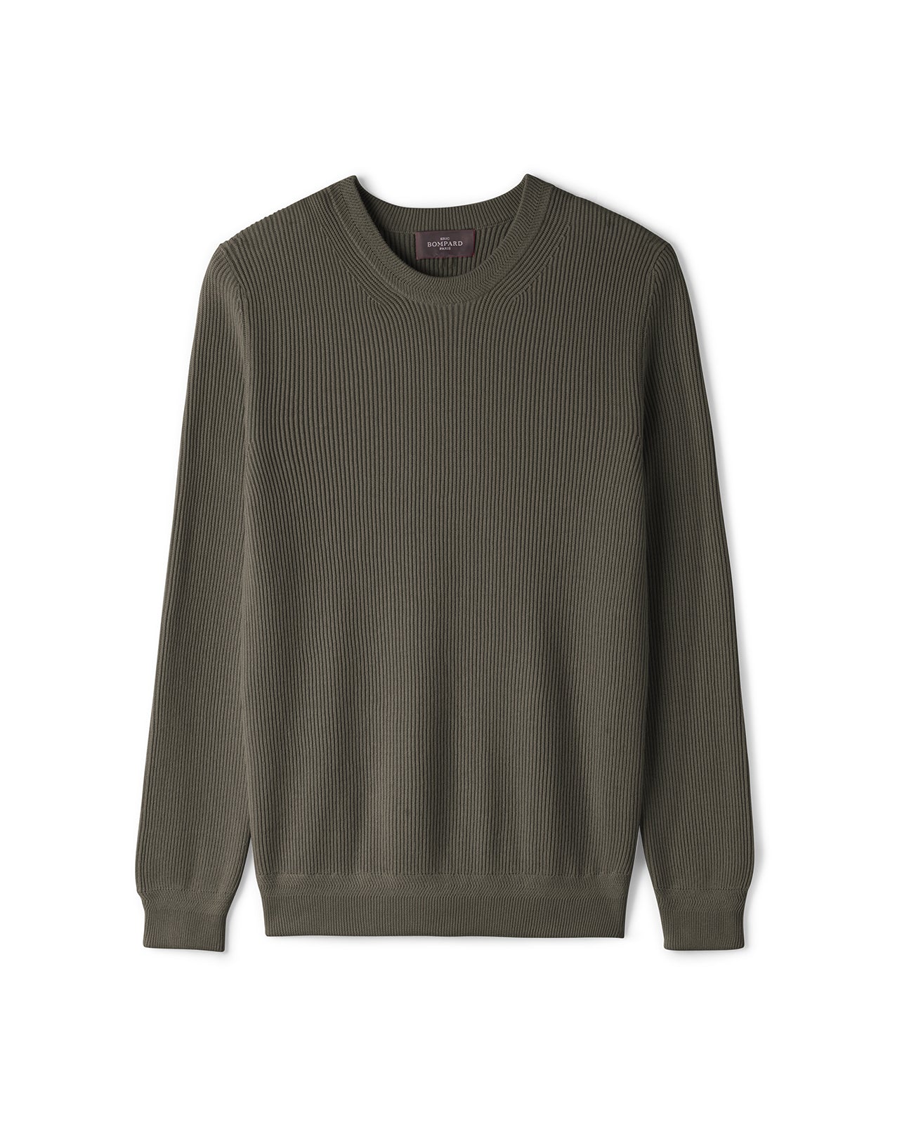 Pull Col Rond À Côtes - Kaki Ombre