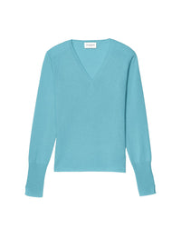 Slim-fit V-neck jumper with cashmere and silk wrist slits - Bleu Uranus