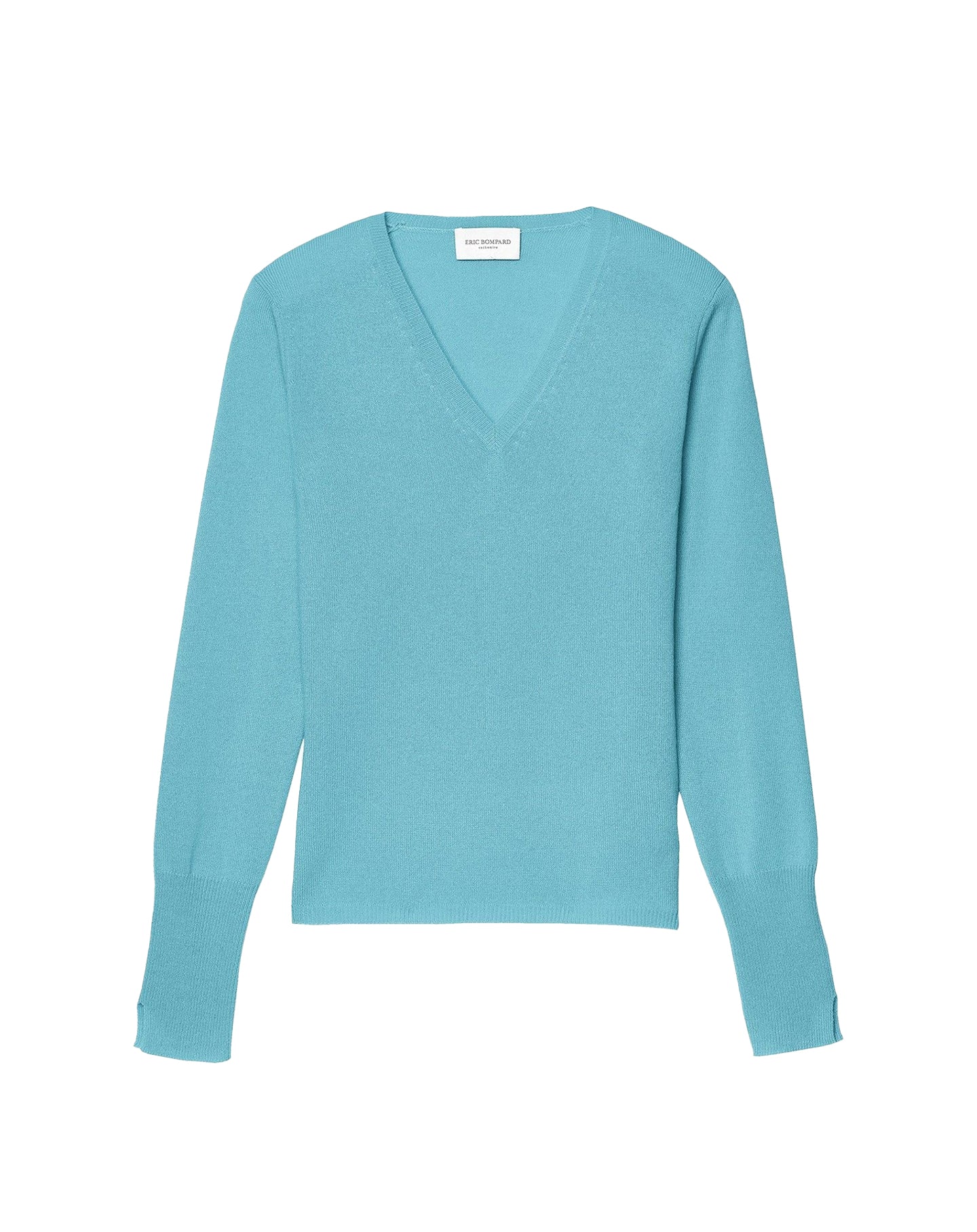 Slim-fit V-neck jumper with cashmere and silk wrist slits - Bleu Uranus