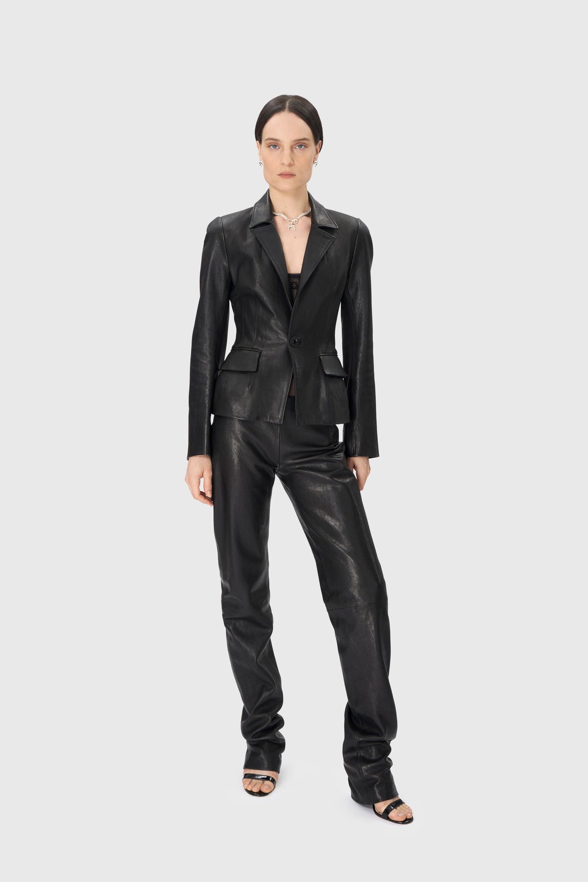 Satin Grain Leather Fitted Jacket - Noir