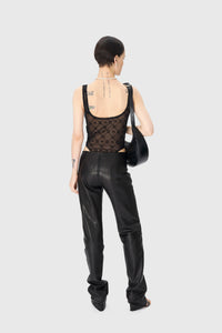 Satin Grain Leather Wide Leg Pants - Noir