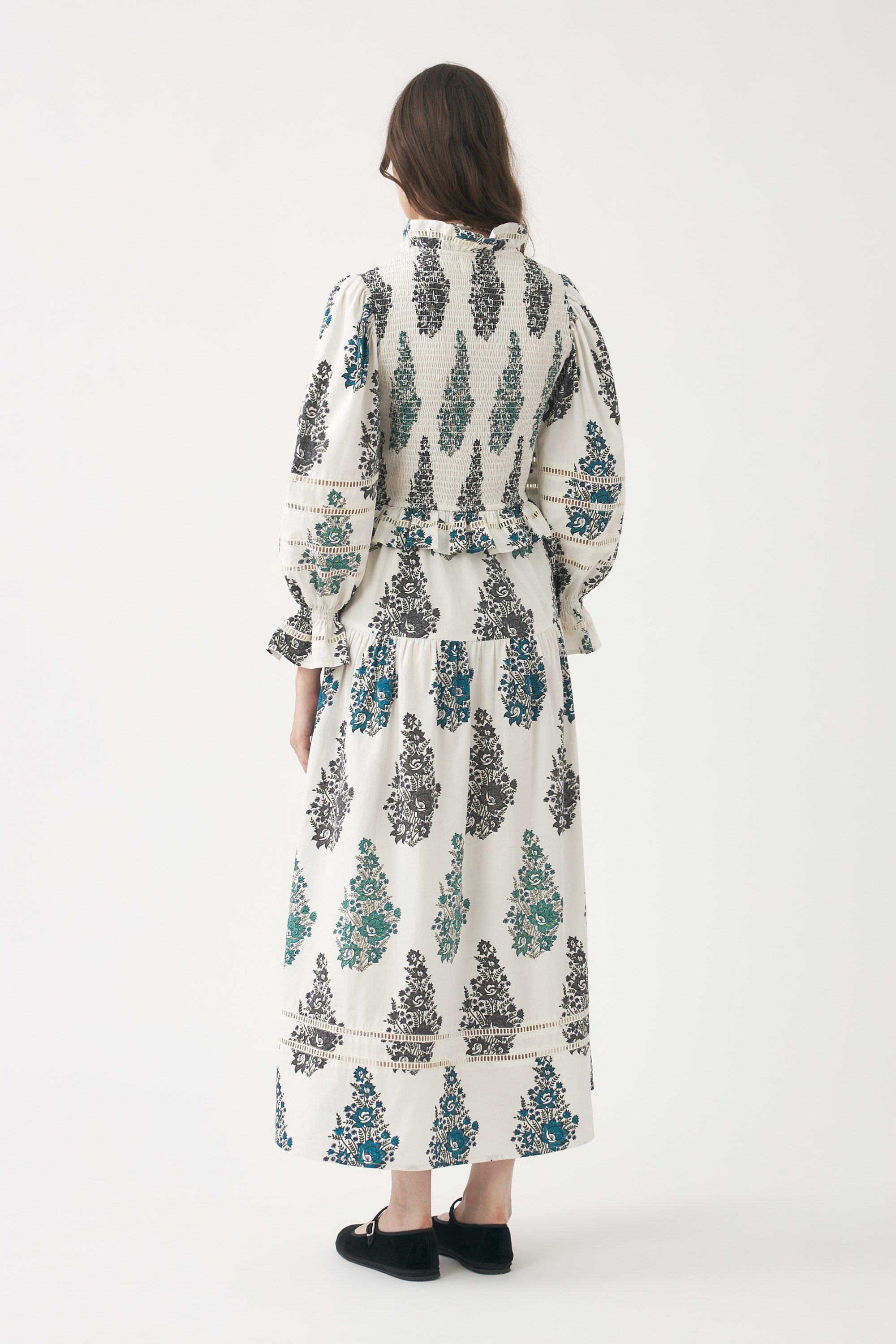 WHITE MUGUET SMOCK LONGDRESS