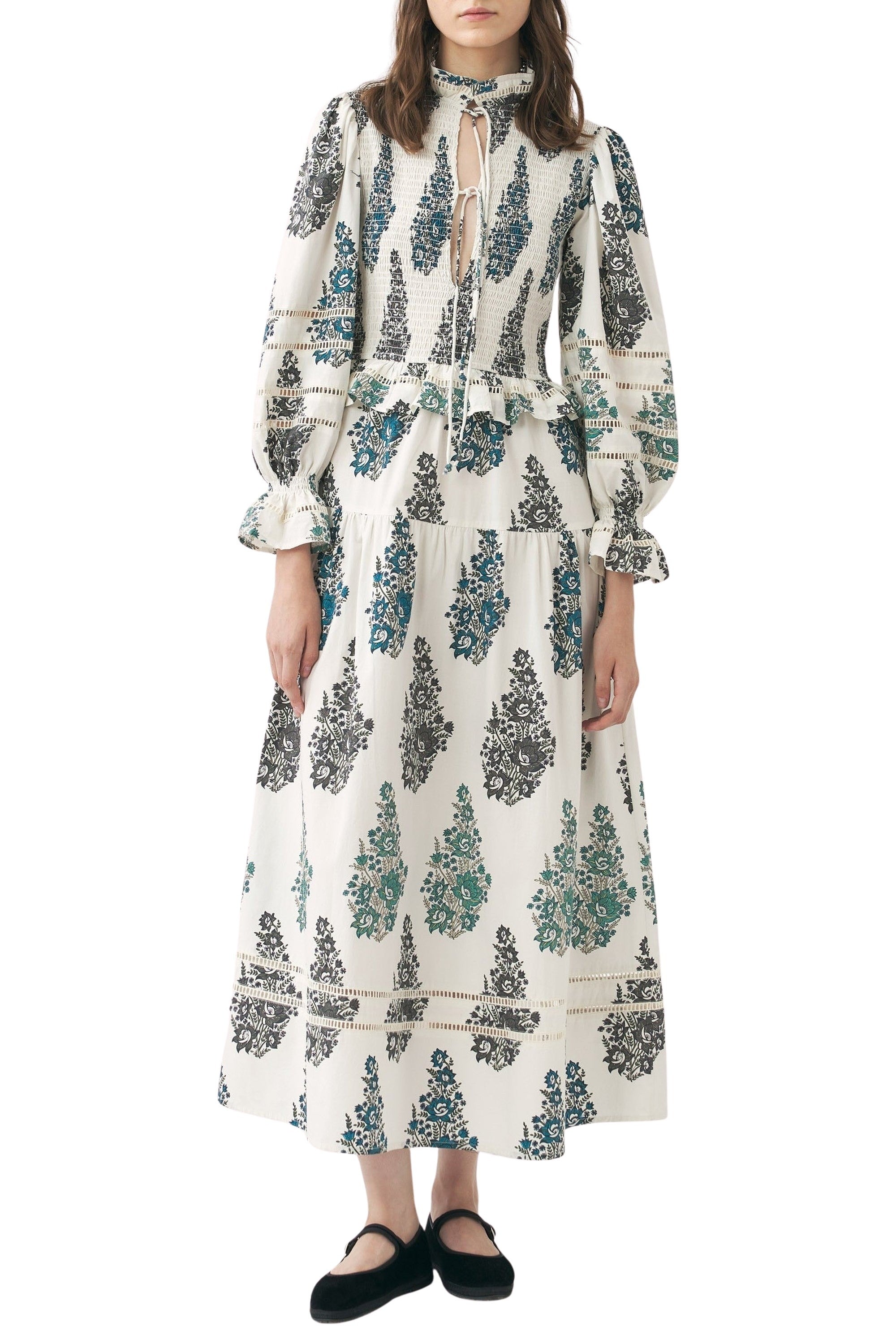 WHITE MUGUET SMOCK LONGDRESS