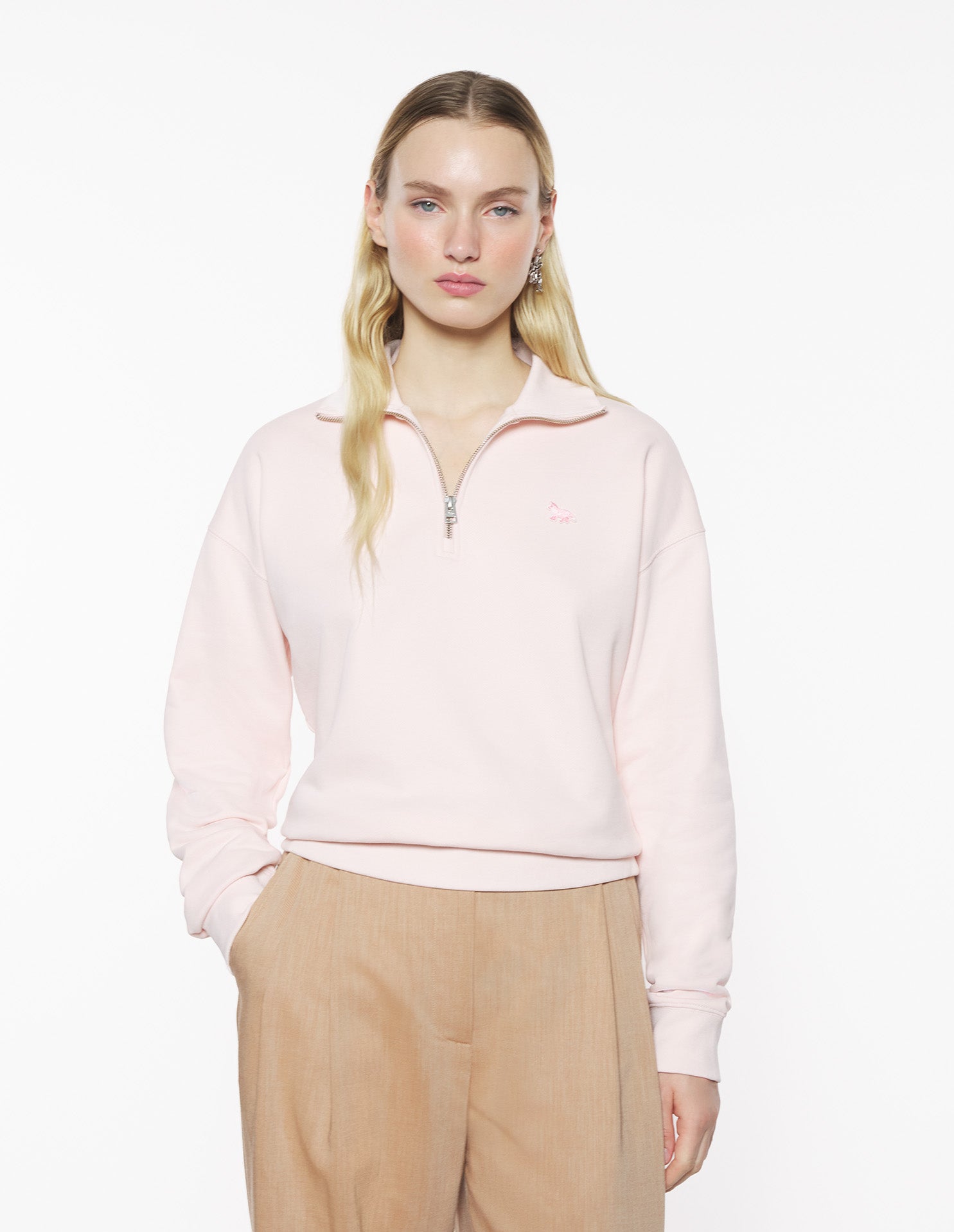 Baby Fox Patch Half Zip Sweatshirt - Rosewater