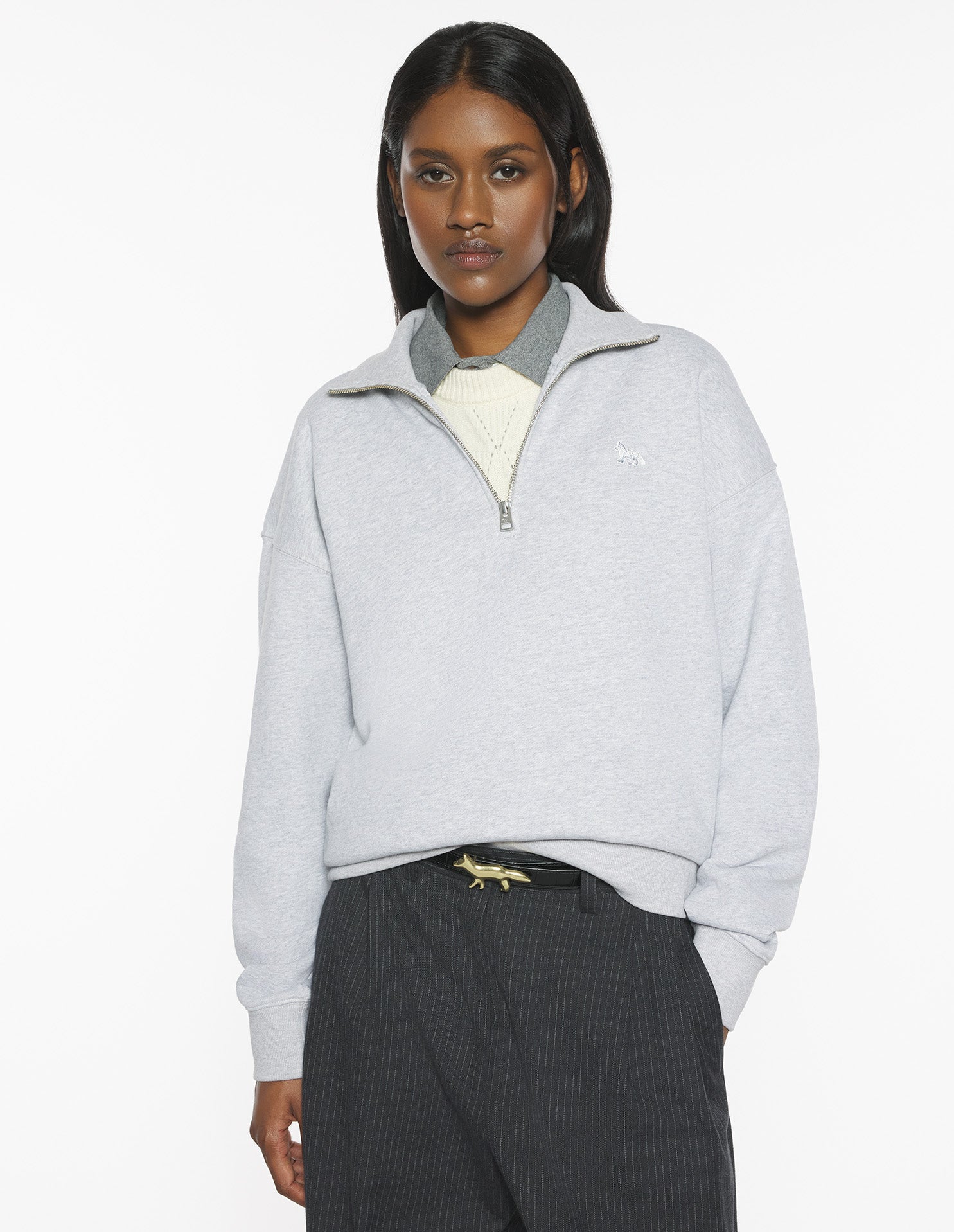 Baby Fox Half Zip Sweatshirt - Light Grey Melange