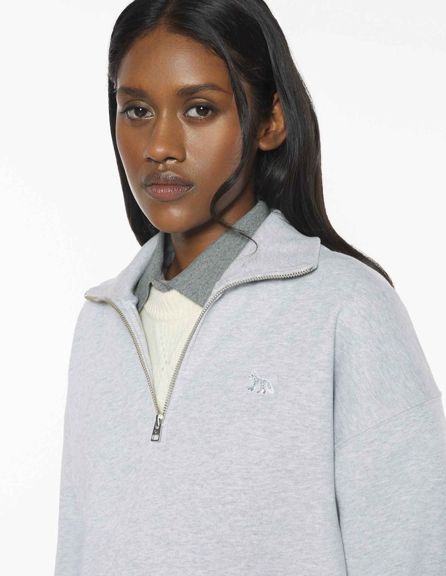 Baby Fox Half Zip Sweatshirt - Light Grey Melange