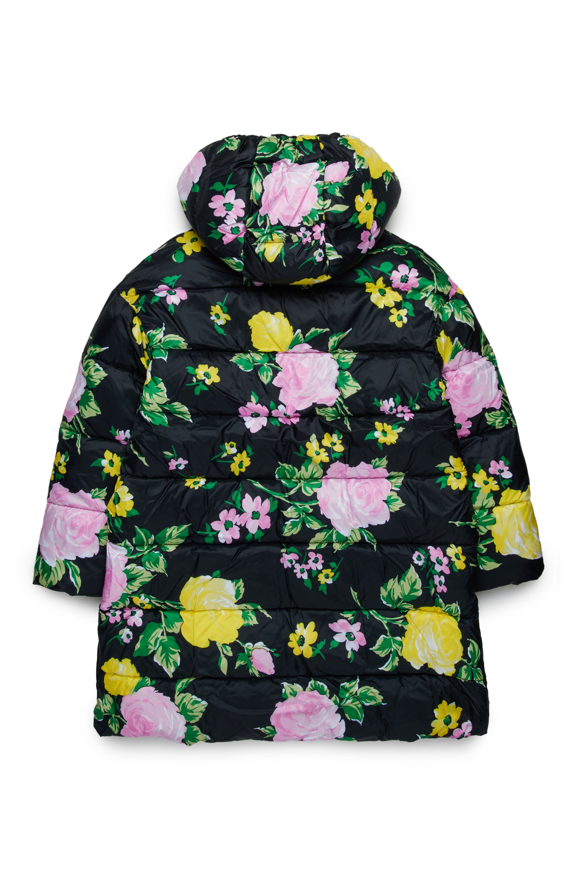 Floral print long padded jacket - Black