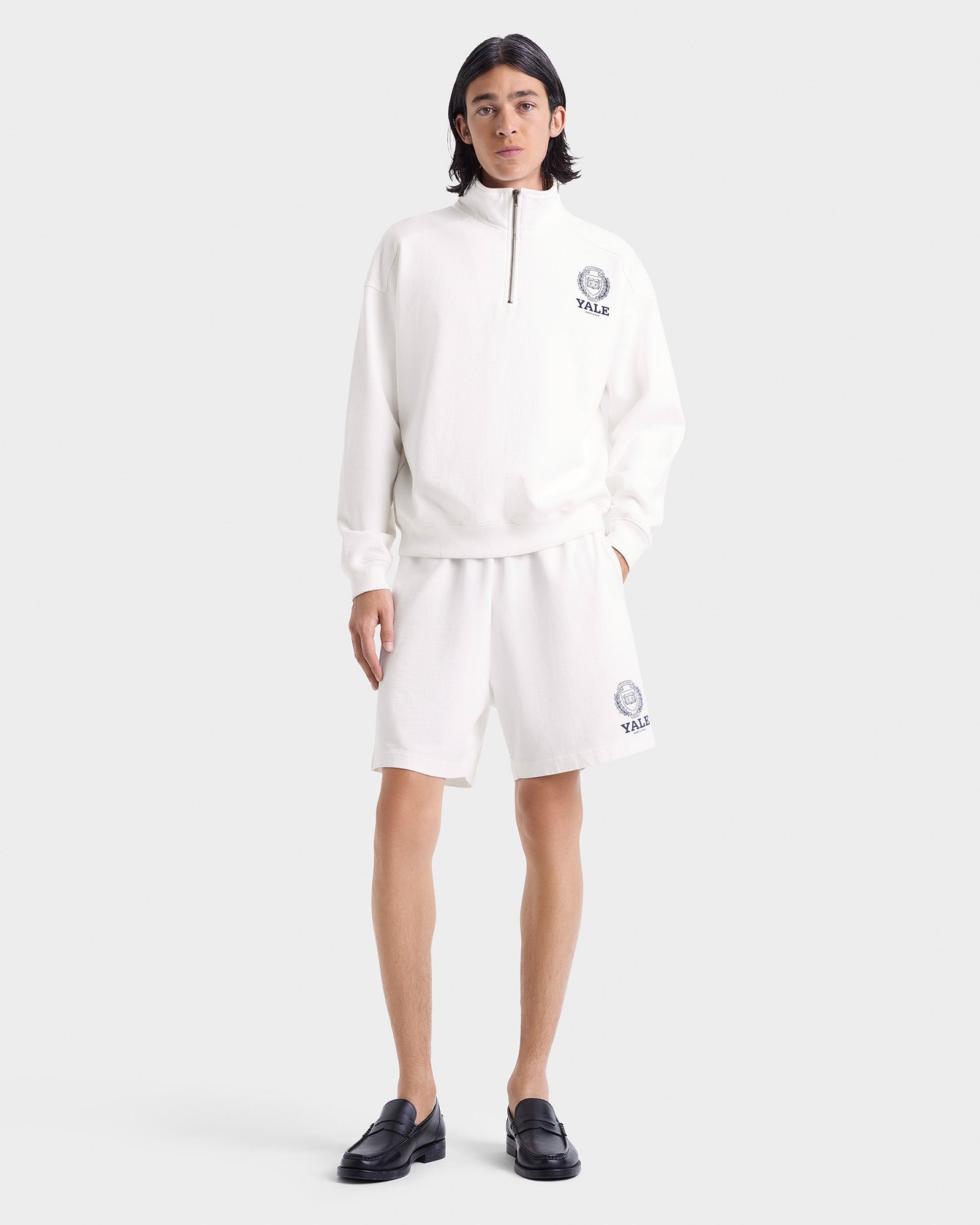 Pull à fermeture éclair quart de longueur Yale Crest - Blanc/Bleu marine