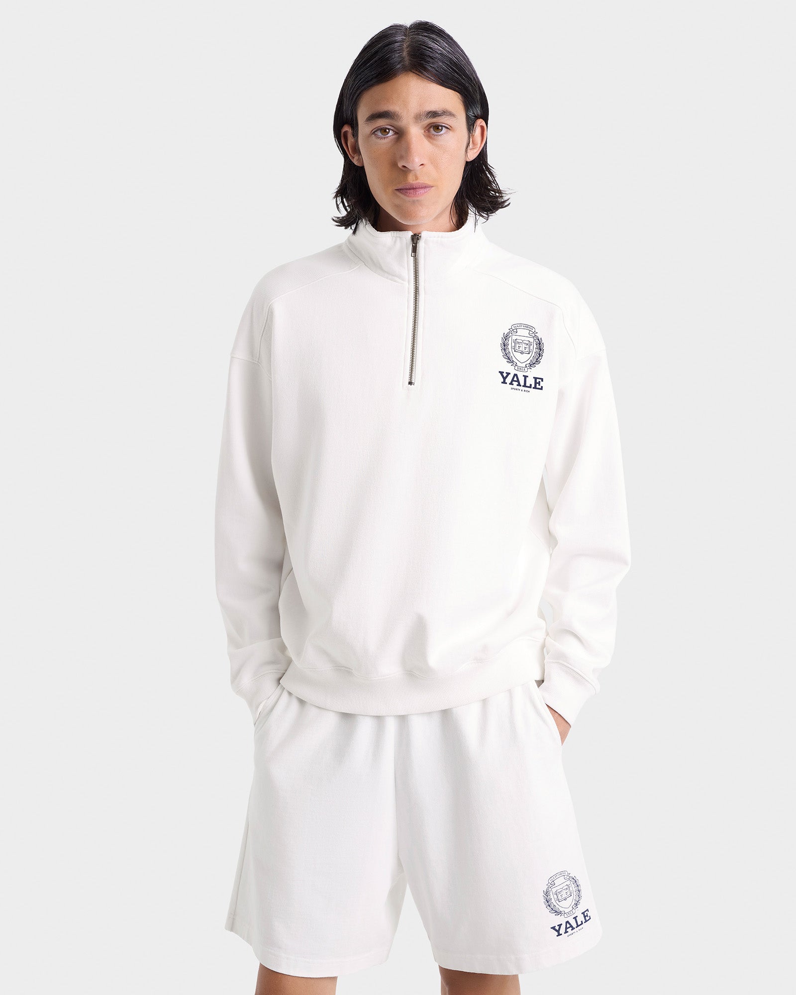 Pull à fermeture éclair quart de longueur Yale Crest - Blanc/Bleu marine