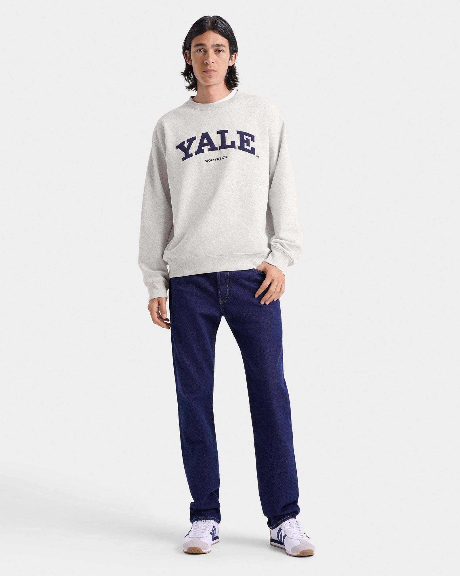 Pull à col rond Yale Ivy - Gris chiné/Bleu marine