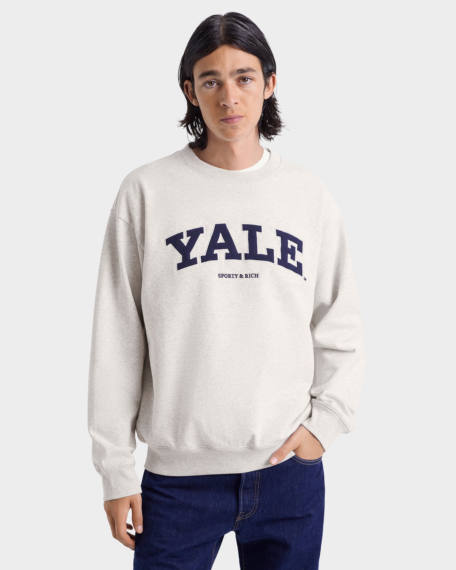 Pull à col rond Yale Ivy - Gris chiné/Bleu marine