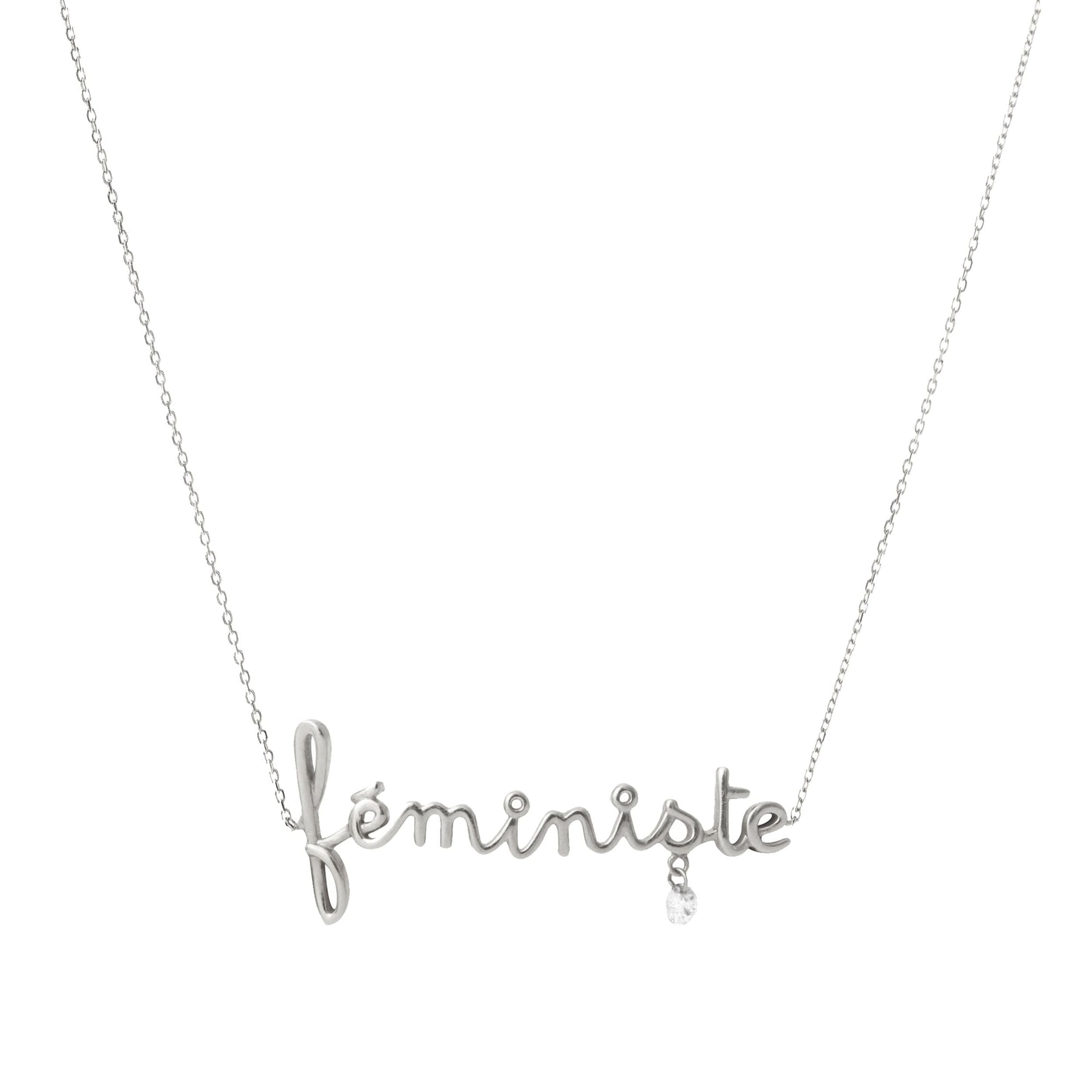Collier Around The World Féministe serti d'un diamant - Or Blanc