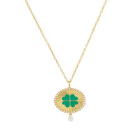 Collier Talisman Porte-bonheur Trèfle vert serti de diamants - Plaqué Or