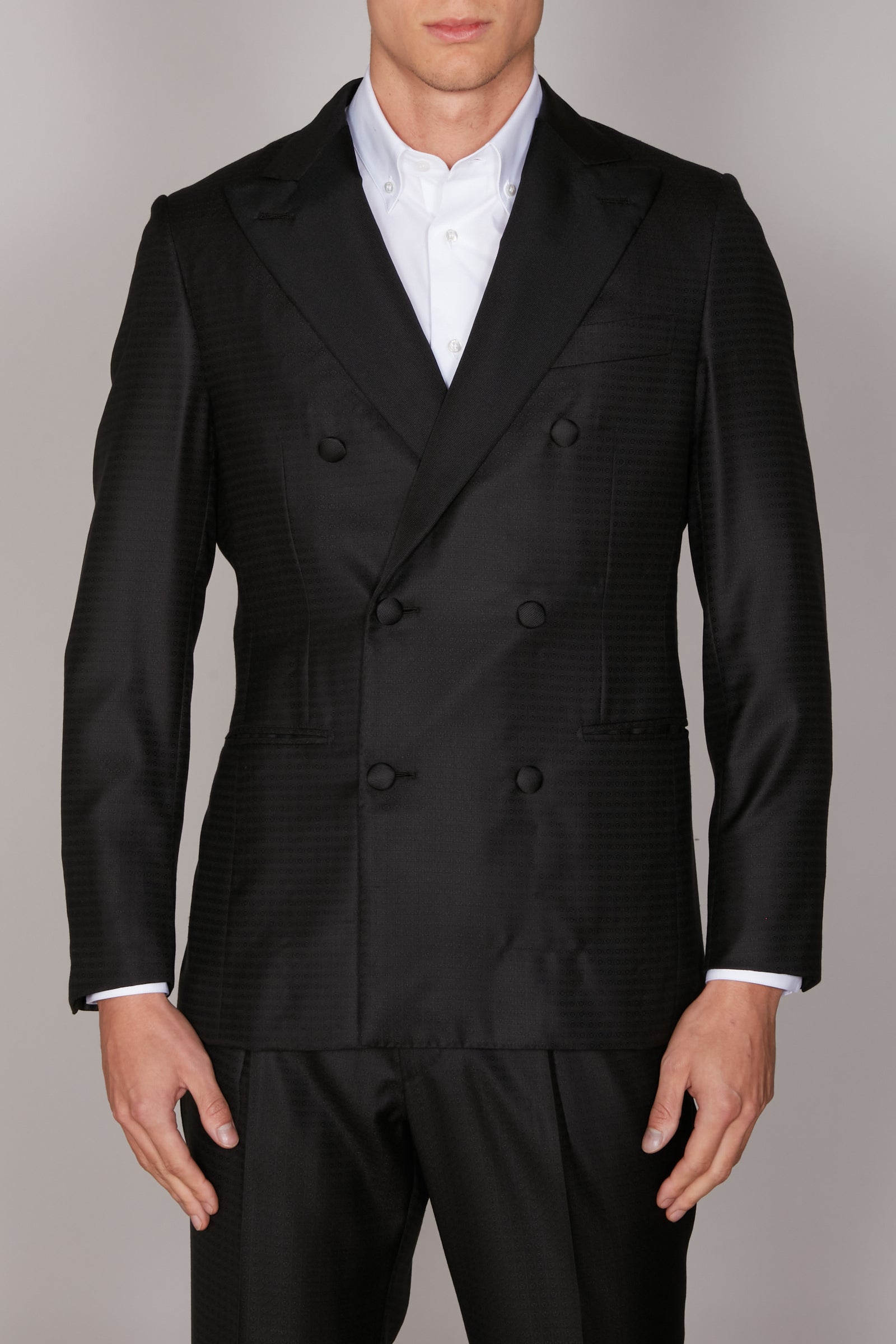Costume croisé à motif texturé en laine et soie - Noir