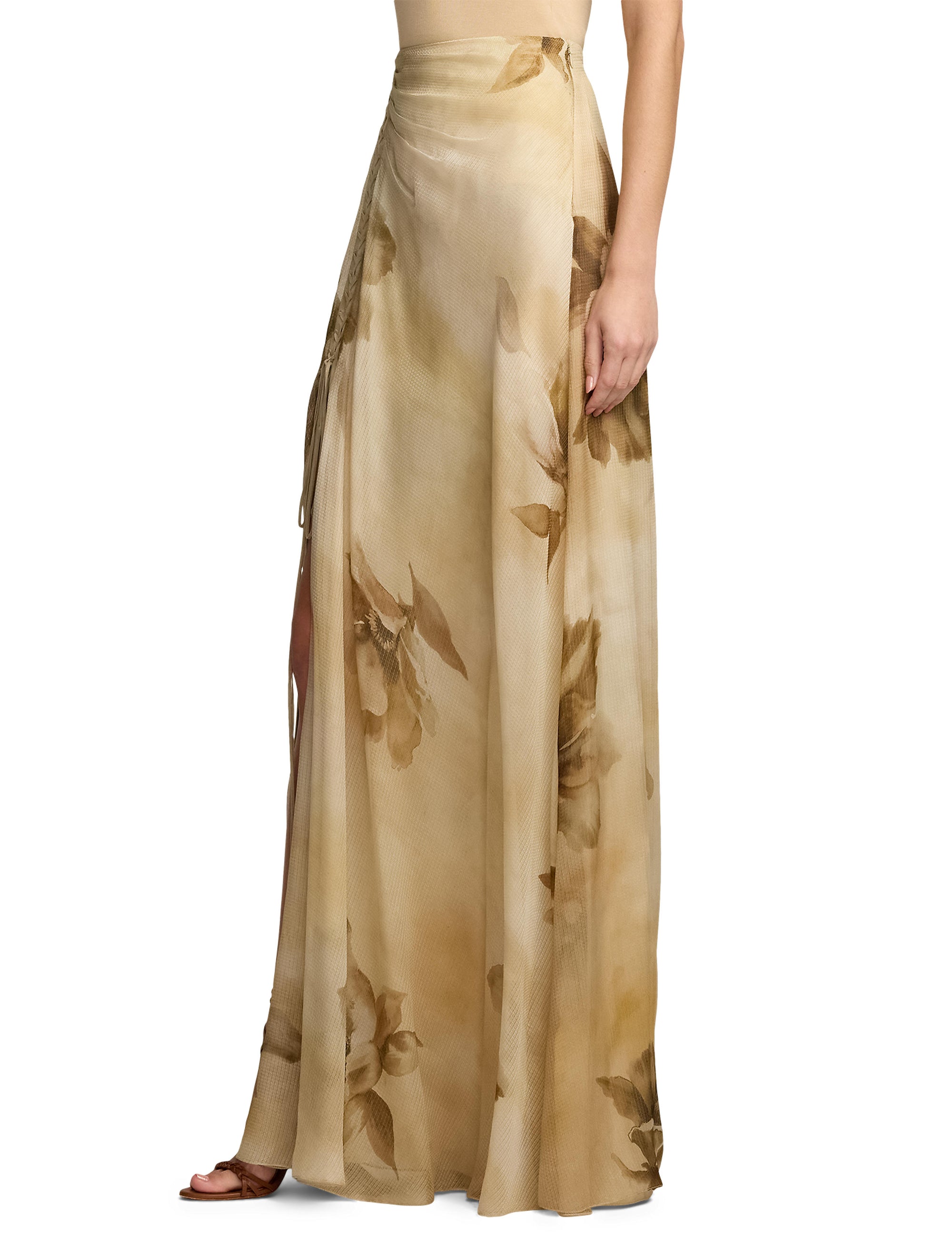 Maxi jupe Odera fleurie en gaze de soie - Tan & Multicolore
