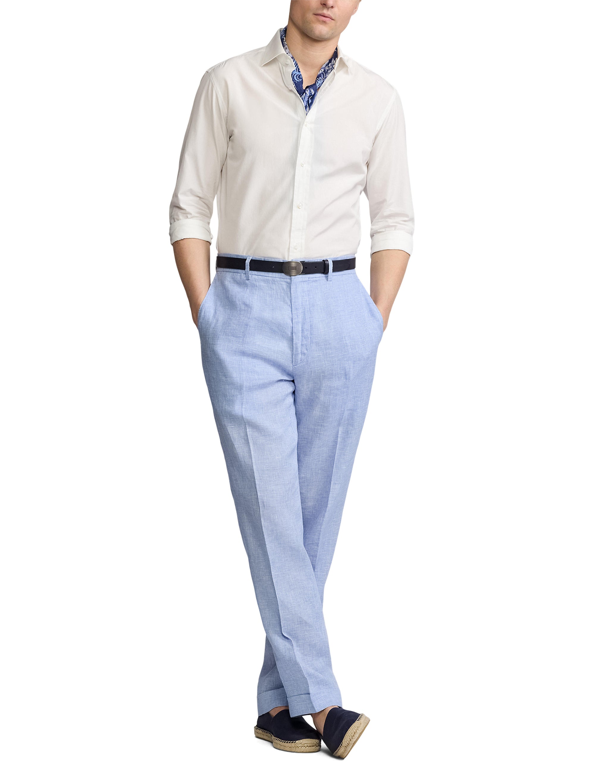 Glenn linen houndstooth trousers - Cornflower Blue & White