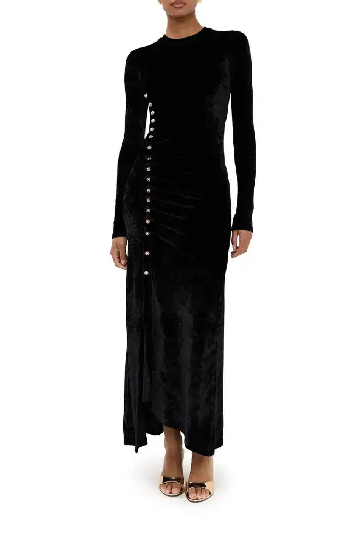 BLACK LONG DRAPED DRESS IN VELVET