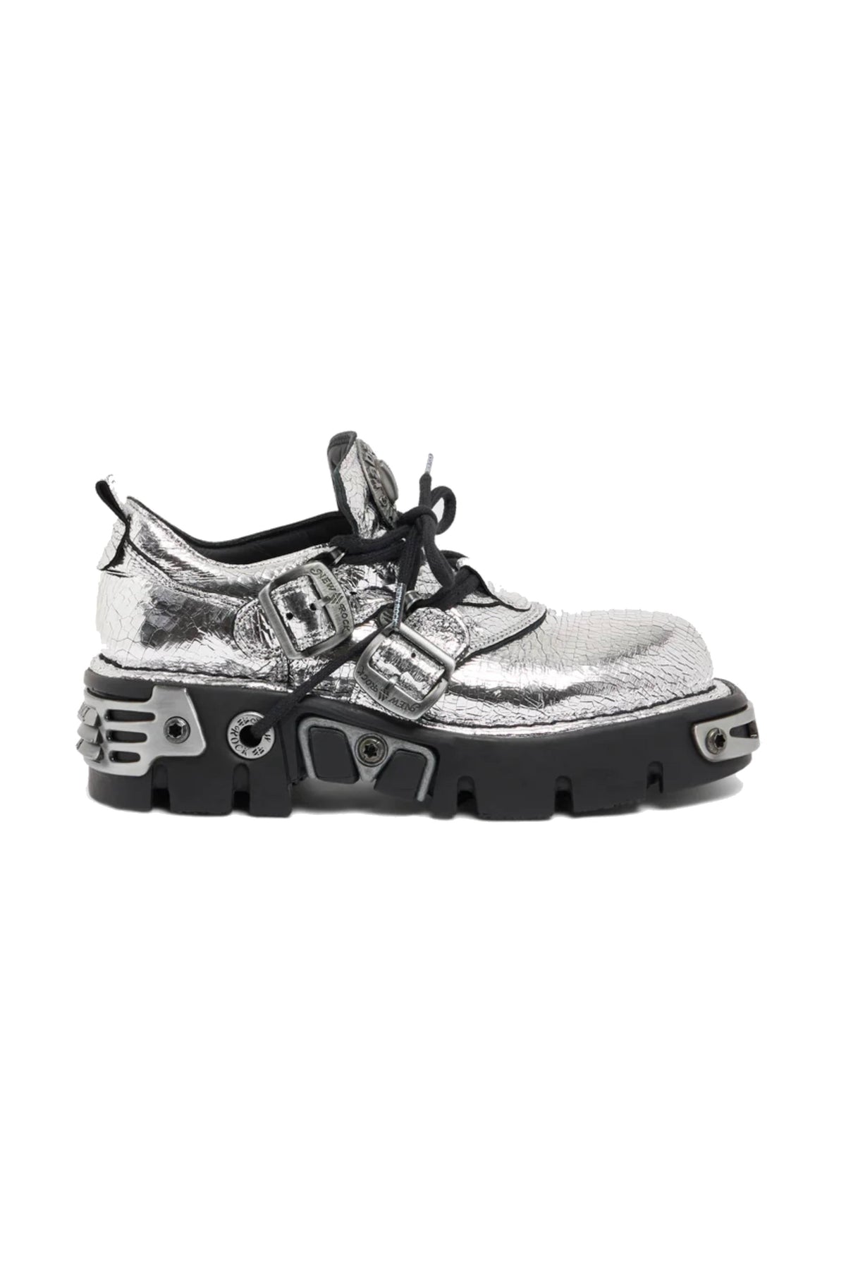 Bottines en collaboration à New Rock en cuir craquelé - Silver