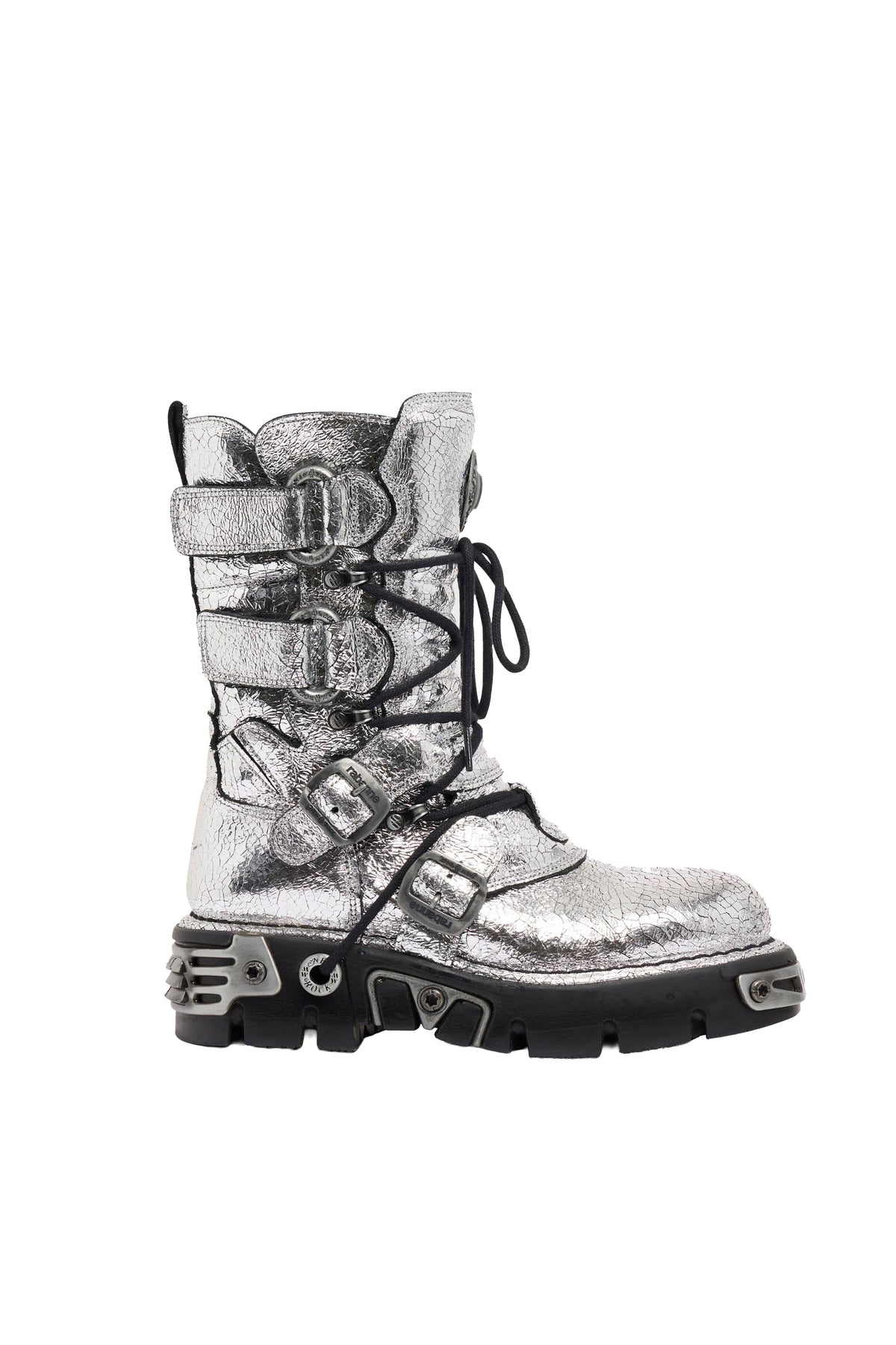 Bottes en collaboration à New Rock en cuir craqué - Silver
