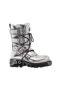 Rabanne x New Rock Cracked Leather Boots - Silver