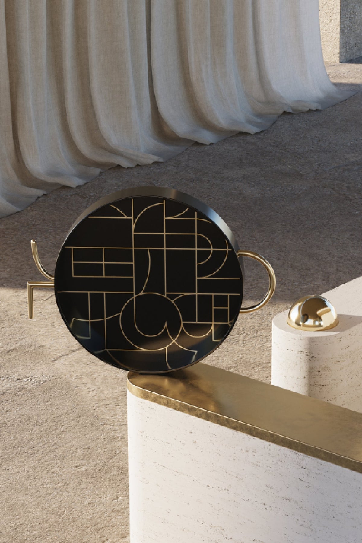 Plateau rond Circuit Kelly Behun en laiton - Noir & Or
