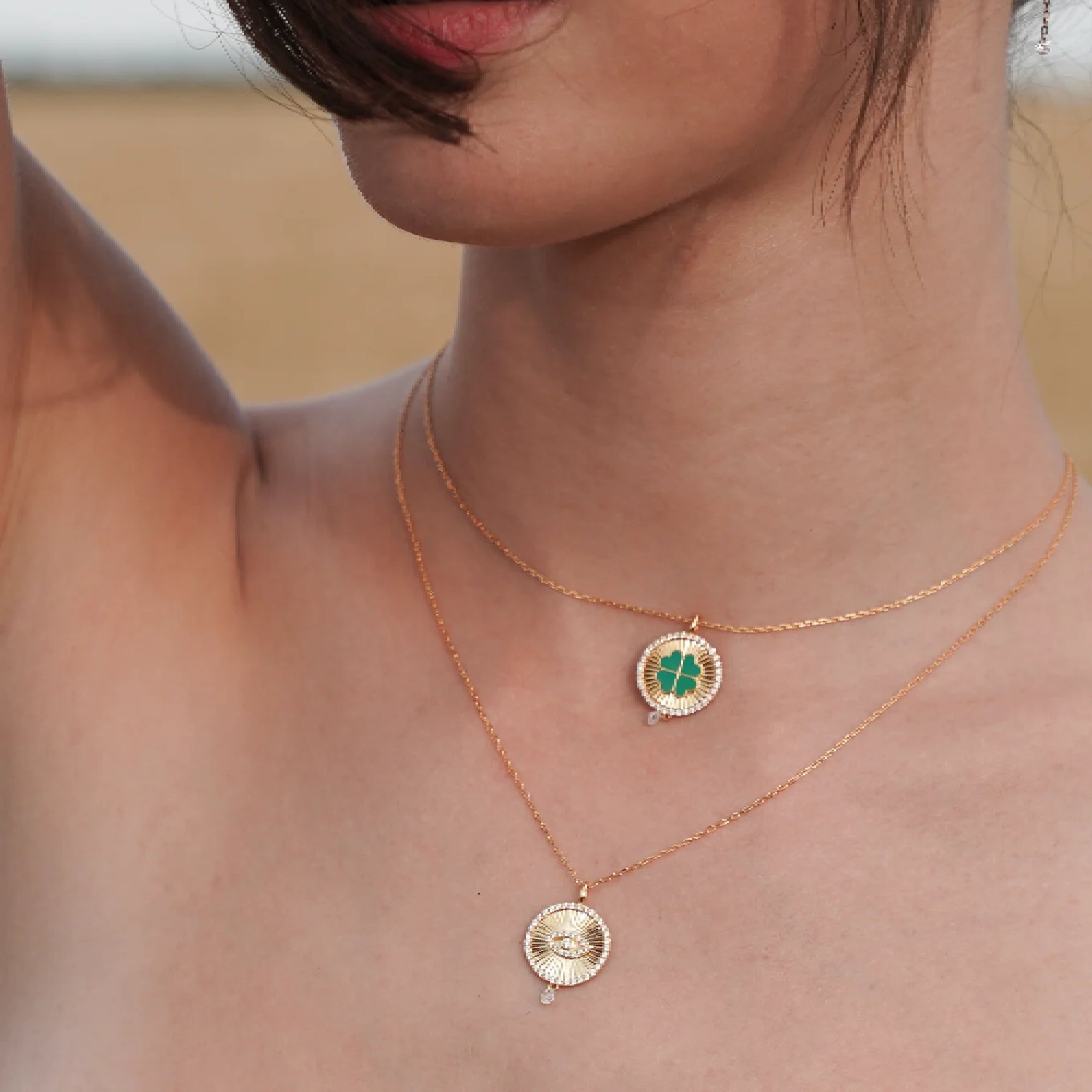 Green Clover Lucky Talisman Necklace - Gold plated