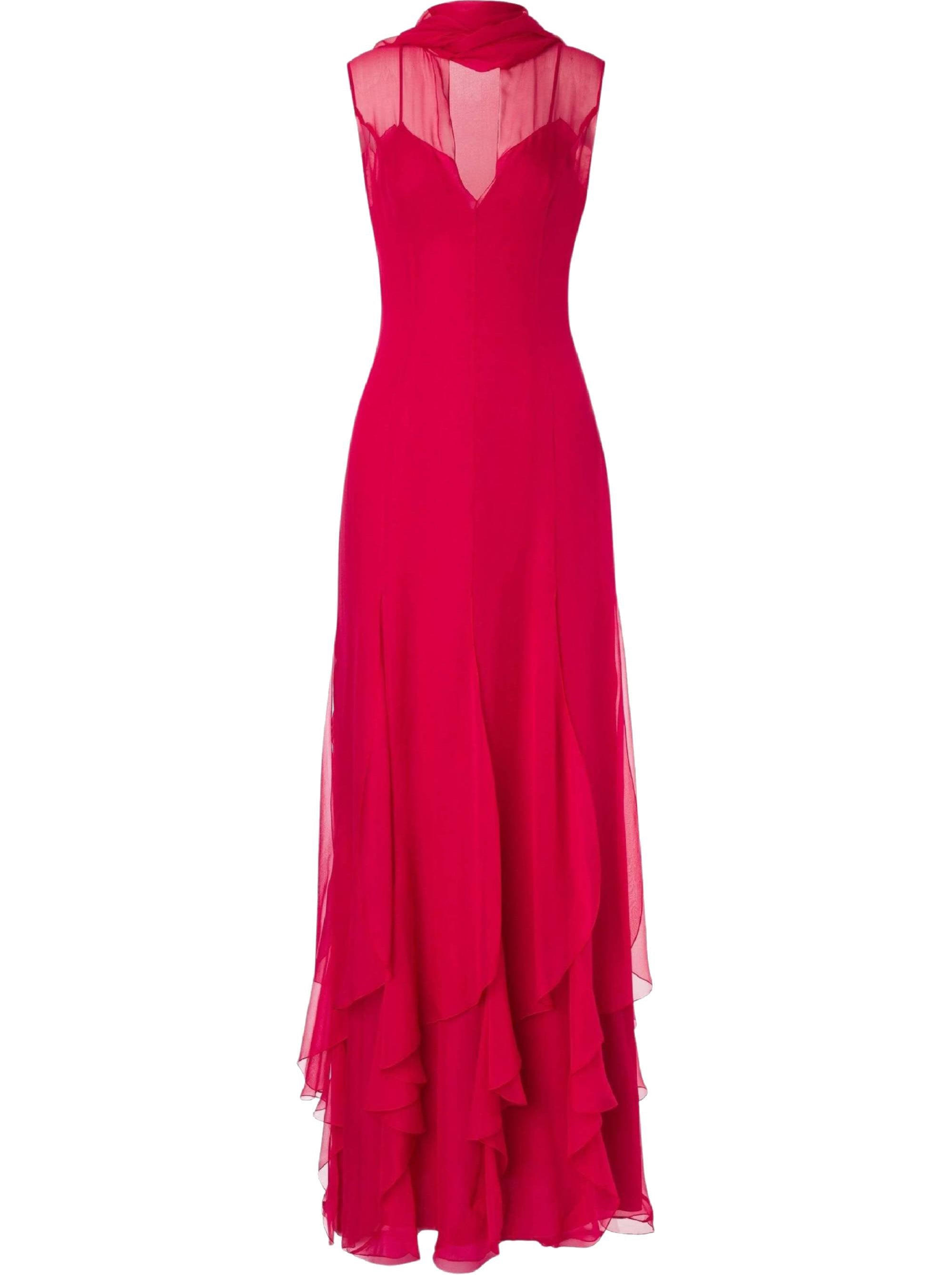 Robe longue avec écharpe en soie - Fucsia