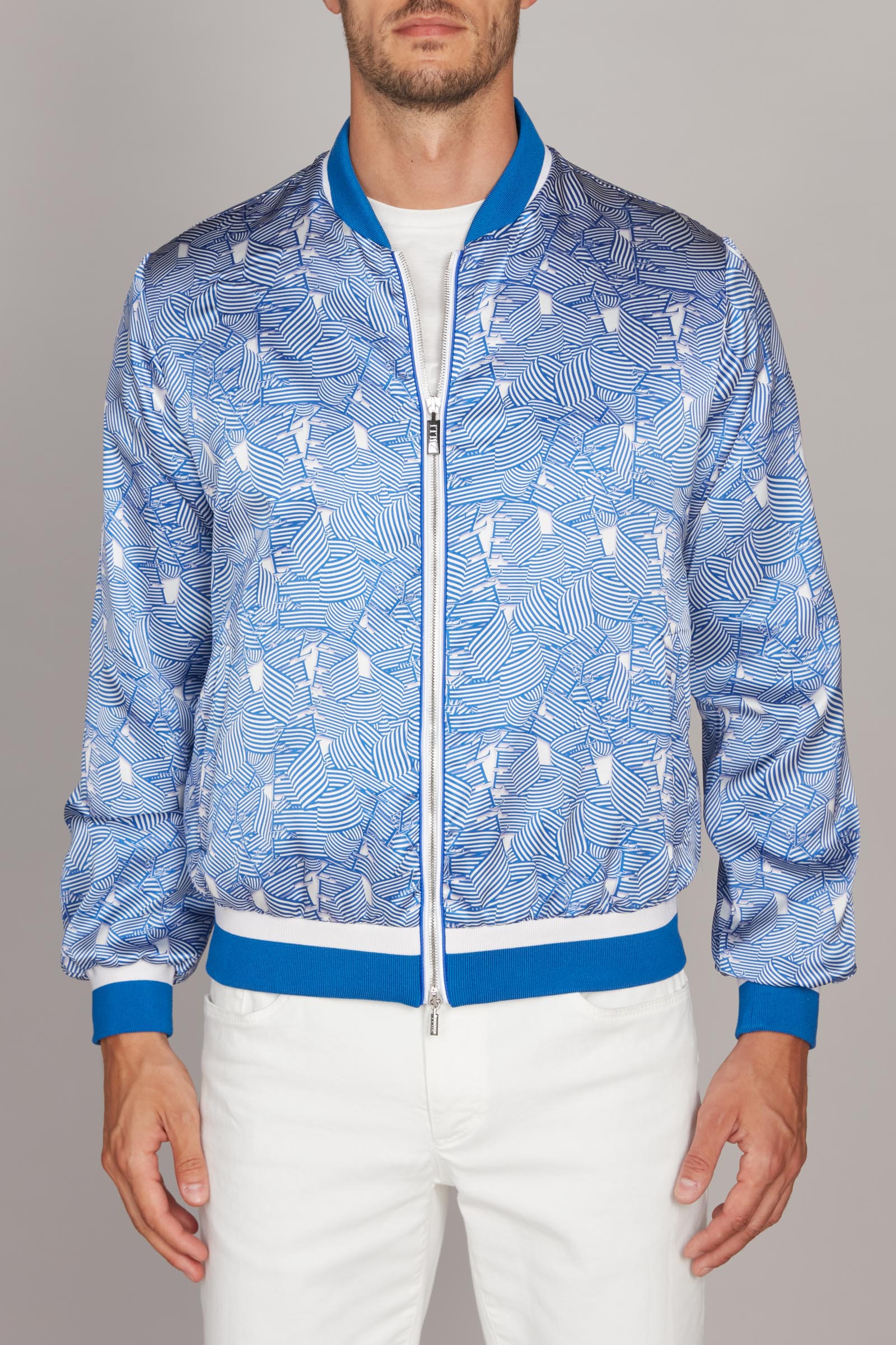 Bomber à motif satiné en soie - Bleu & Blanc