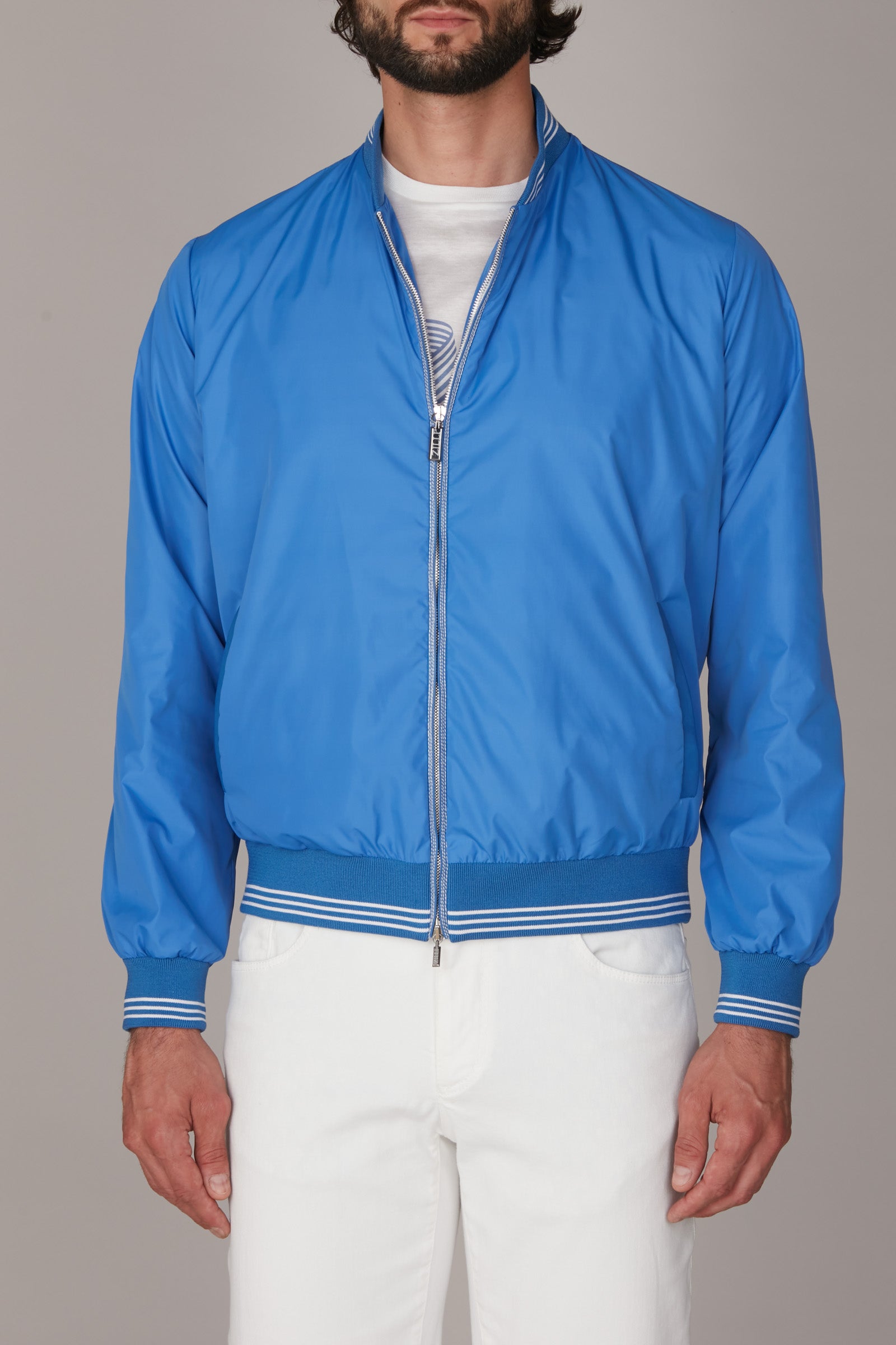 Blouson aviateur à bords-côtes rayés - Bleu & Blanc