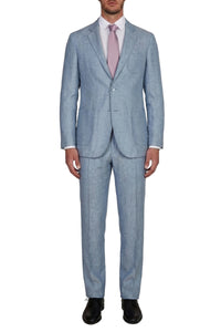 Blazer à surpiqûres en lin - Bleu & Beige