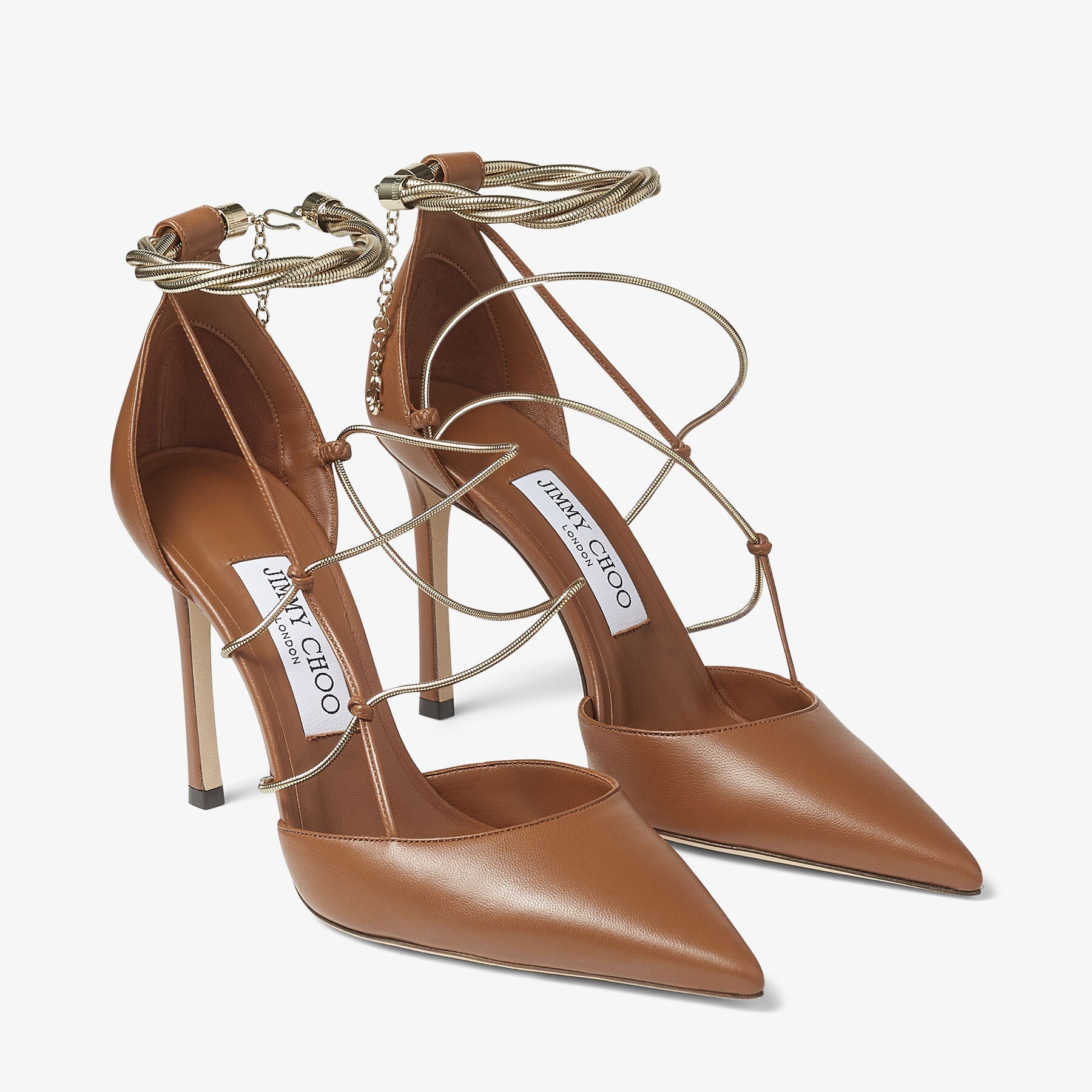 Olesia 95 pumps in leather with chains - Tan & Gold