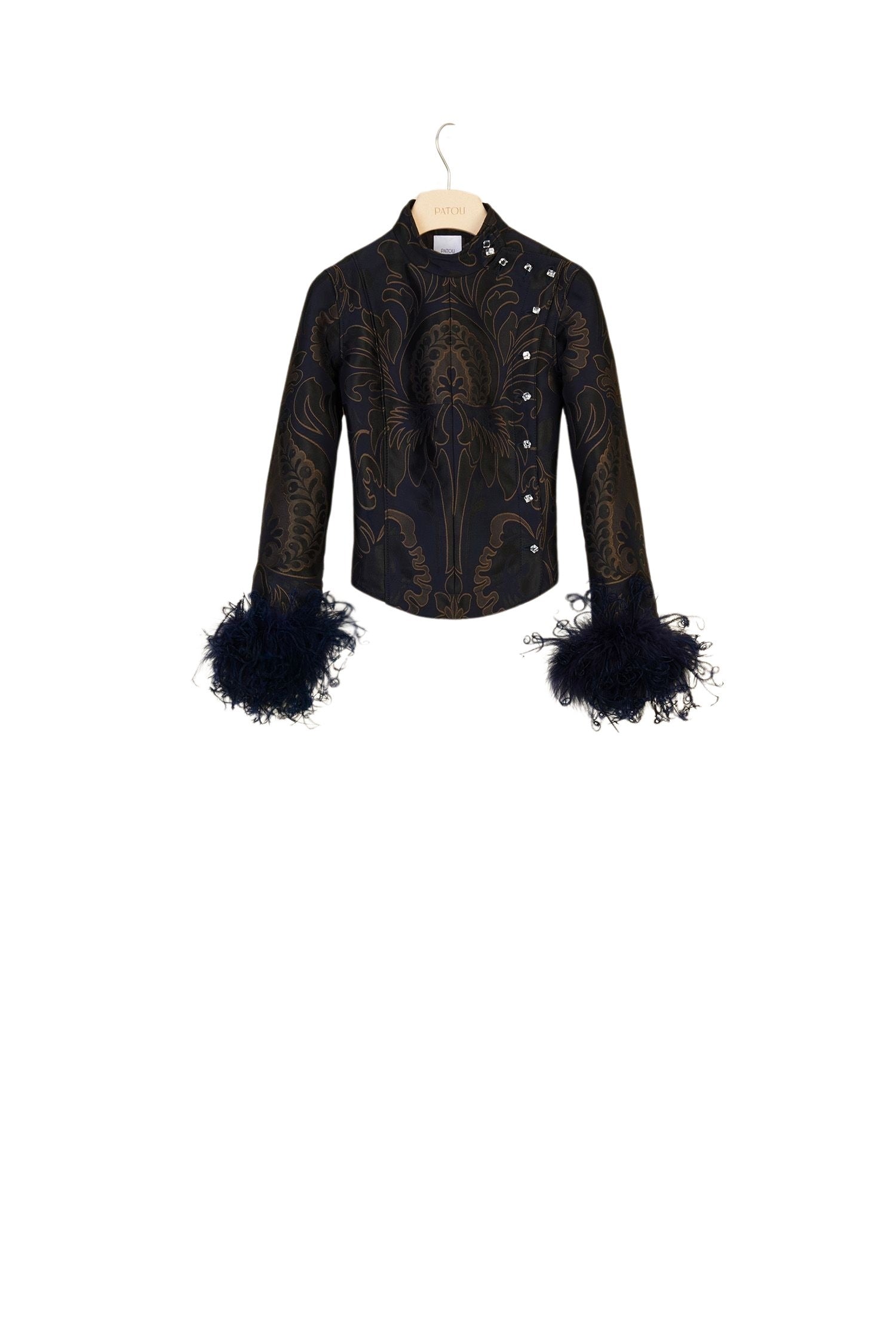 Jacquard jacket with feathers - Navy amber print