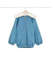 Veste oversize en denim bio et faux shearling - Bleu Glacier