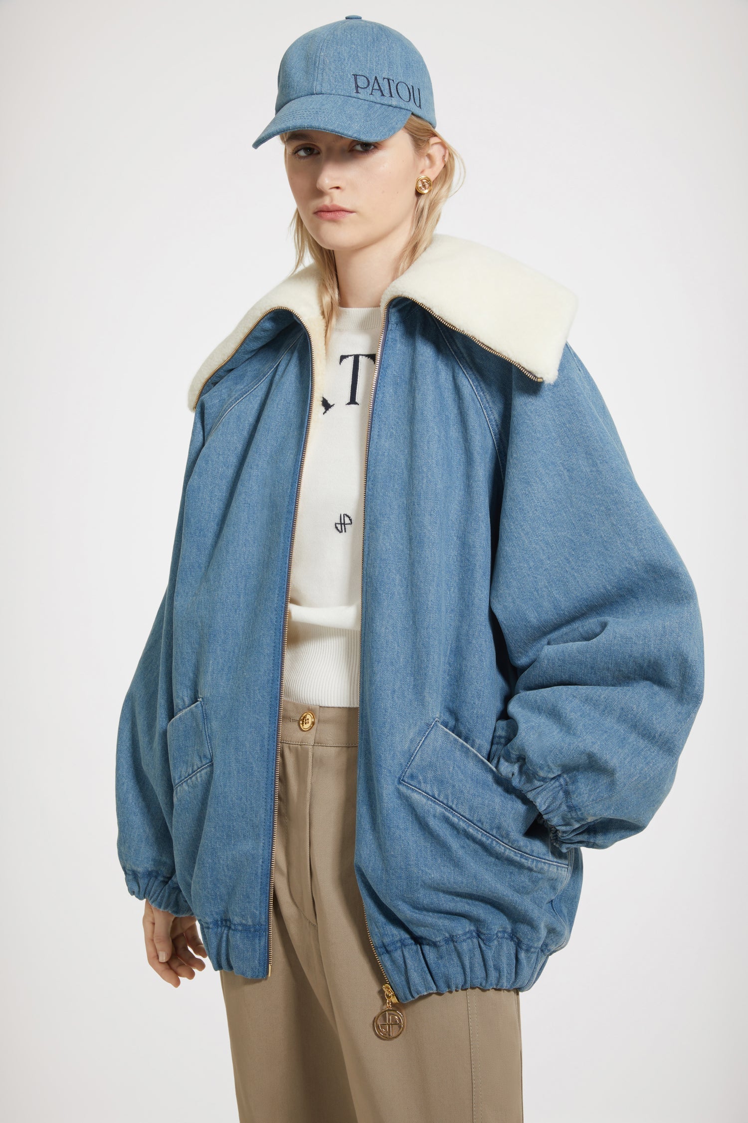 Veste oversize en denim bio et faux shearling - Bleu Glacier