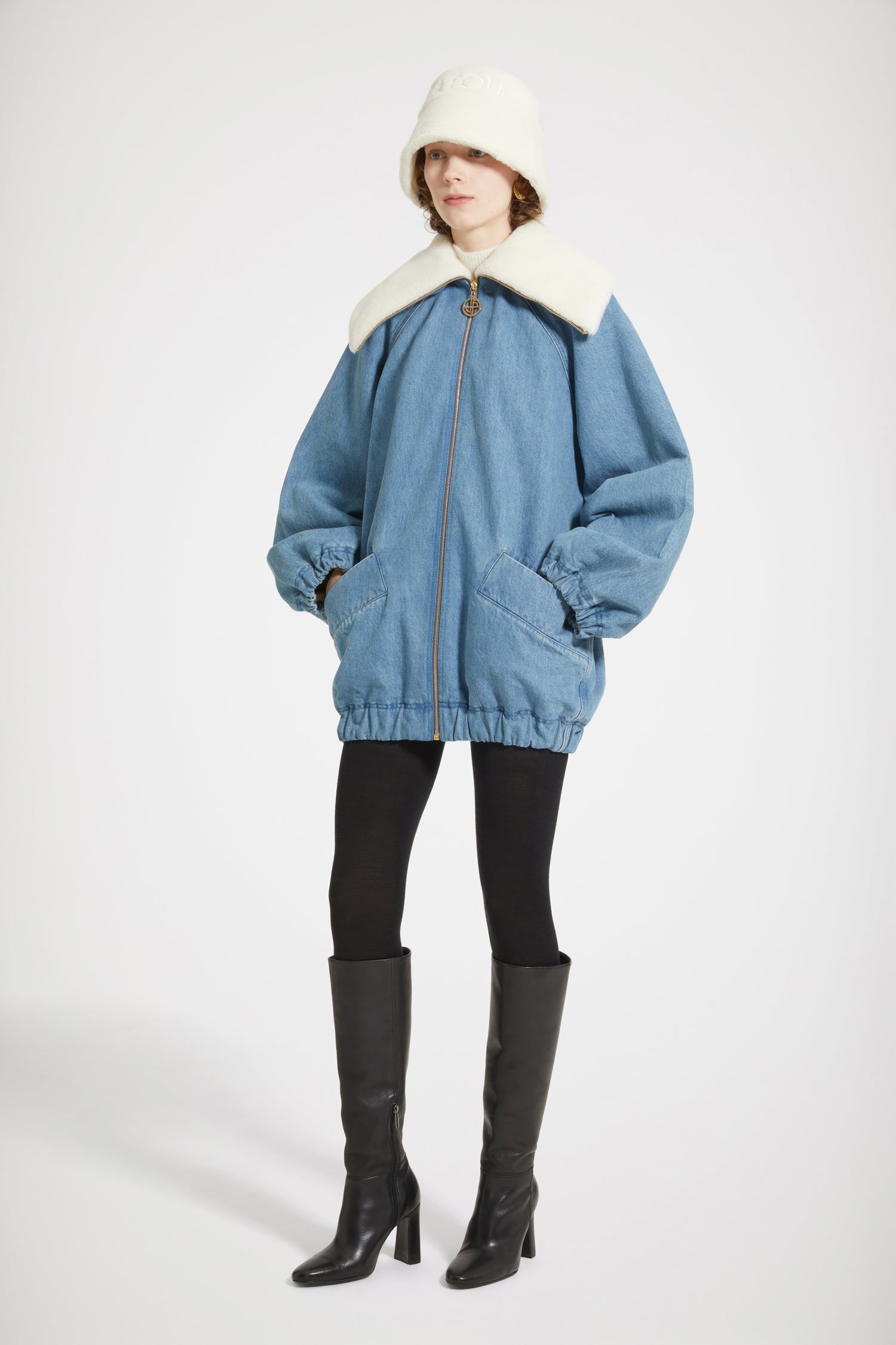 Veste oversize en denim bio et faux shearling - Bleu Glacier