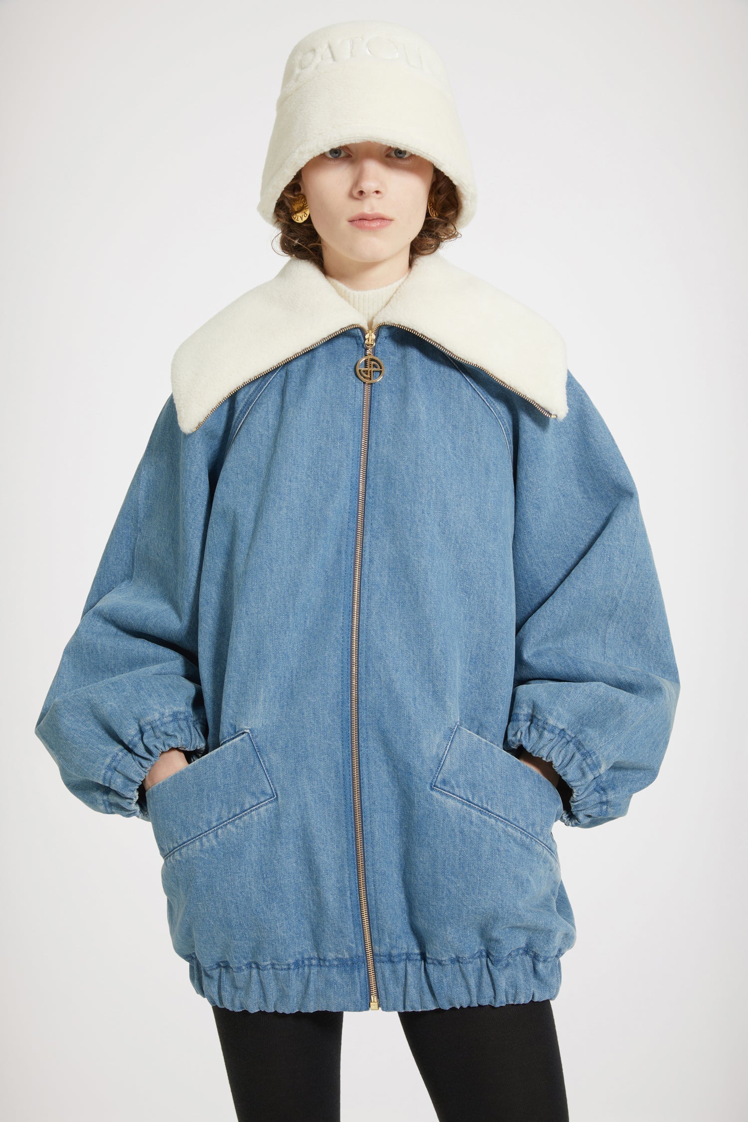 Veste oversize en denim bio et faux shearling - Bleu Glacier