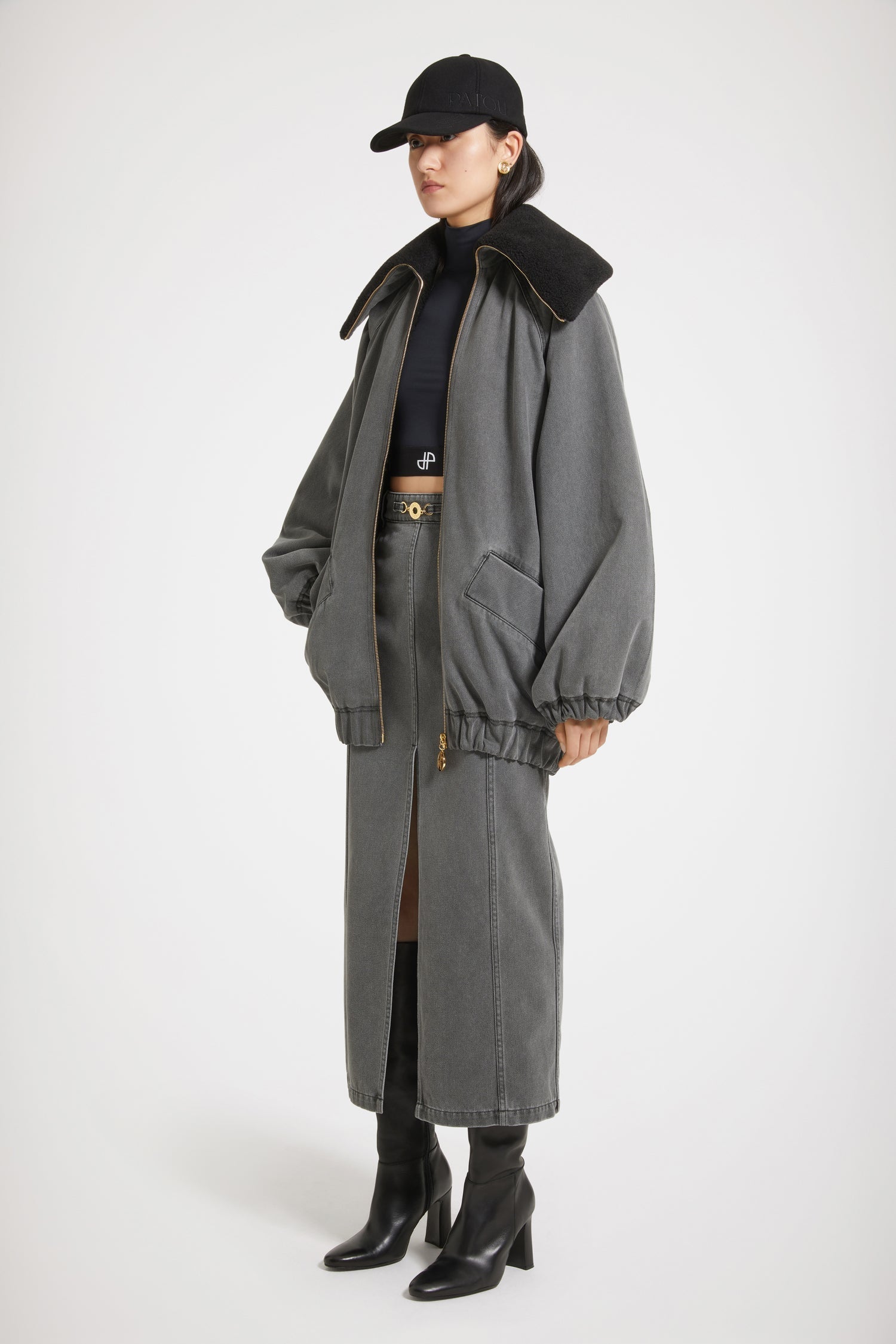 Veste oversize en denim bio et faux shearling - Gris Anthracite