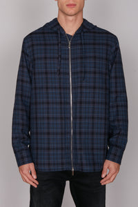 Chemise à capuche zippée avec motif tartan - Bleu & Noir