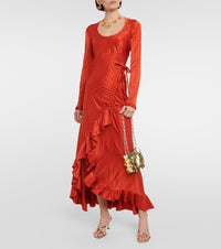 Asymmetrical dress with drape and ruffles - Paprika