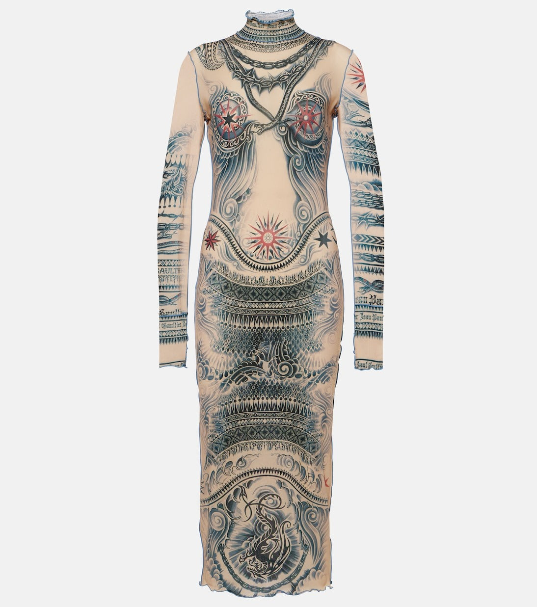 Robe longue Tattoo imprimée - Nude & Blue & Red