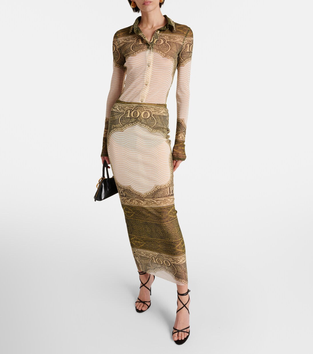 Re-Edition : Mesh Long Skirt Printed "Cartouche" - Green & Ecru & Black & Lightblue
